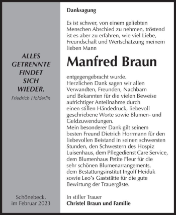 Traueranzeige von Manfred Braun  von Magdeburger Volksstimme
