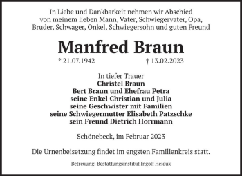Traueranzeige von Manfred Braun  von Magdeburger Volksstimme