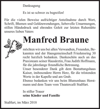 Traueranzeige von Manfred Braune  von Magdeburger Volksstimme