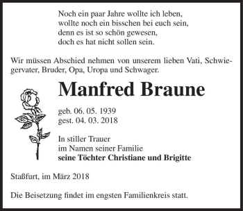 Traueranzeige von Manfred Braune  von Magdeburger Volksstimme