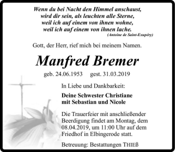 Traueranzeige von Manfred Bremer  von Magdeburger Volksstimme