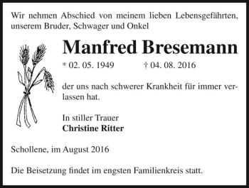 Traueranzeige von Manfred Bresemann  von Magdeburger Volksstimme