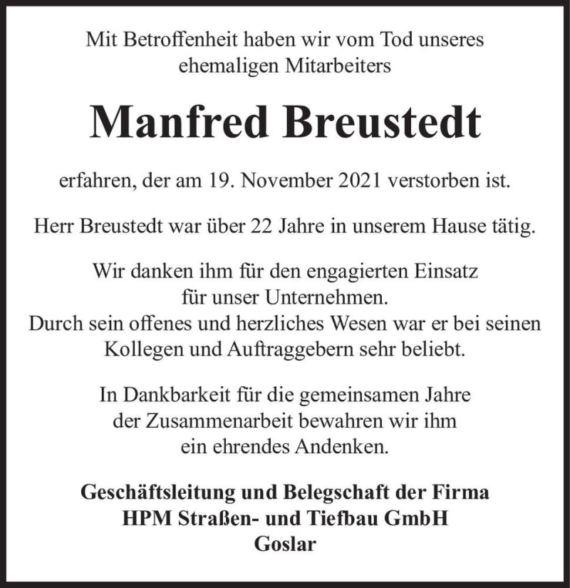  Traueranzeige für Manfred Breustedt  vom 04.12.2021 aus Magdeburger Volksstimme