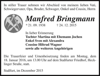 Traueranzeige von Manfred Bringmann  von Magdeburger Volksstimme