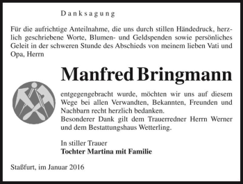 Traueranzeige von Manfred Bringmann  von Magdeburger Volksstimme
