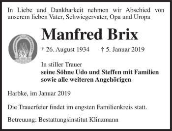 Traueranzeige von Manfred Brix  von Magdeburger Volksstimme