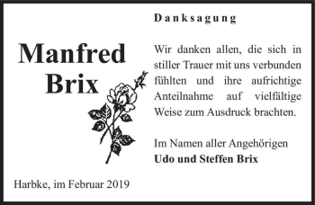 Traueranzeige von Manfred Brix  von Magdeburger Volksstimme