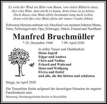 Traueranzeige von Manfred Bruchmüller  von Magdeburger Volksstimme