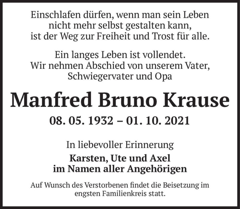  Traueranzeige für Manfred Bruno Krause  vom 09.10.2021 aus Magdeburger Volksstimme