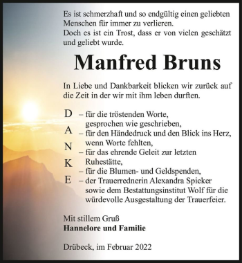 Traueranzeige von Manfred Bruns  von Magdeburger Volksstimme