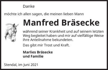 Traueranzeige von Manfred Bräsecke  von Magdeburger Volksstimme