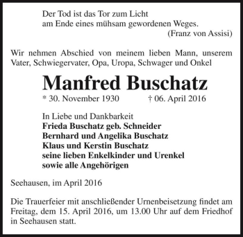 Traueranzeige von Manfred Buschatz  von Magdeburger Volksstimme