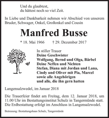 Traueranzeige von Manfred Busse  von Magdeburger Volksstimme