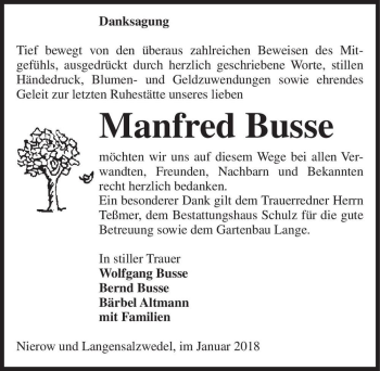 Traueranzeige von Manfred Busse  von Magdeburger Volksstimme