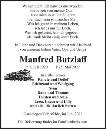 Traueranzeige von Manfred Butzlaff  von Magdeburger Volksstimme