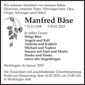 Traueranzeige von Manfred Bäse  von Magdeburger Volksstimme