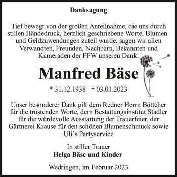 Traueranzeige von Manfred Bäse  von Magdeburger Volksstimme