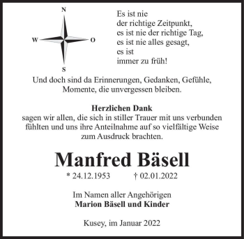 Traueranzeige von Manfred Bäsell  von Magdeburger Volksstimme