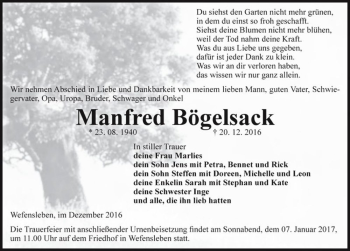Traueranzeige von Manfred Bögelsack  von Magdeburger Volksstimme