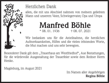 Traueranzeige von Manfred Böhle  von Magdeburger Volksstimme