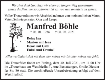 Traueranzeige von Manfred Böhle  von Magdeburger Volksstimme