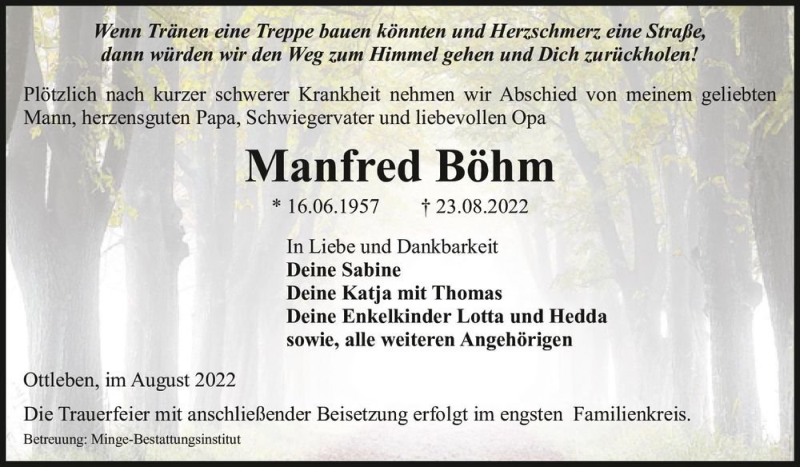  Traueranzeige für Manfred Böhm  vom 27.08.2022 aus Magdeburger Volksstimme