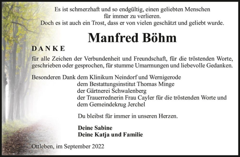 Traueranzeige für Manfred Böhm  vom 24.09.2022 aus Magdeburger Volksstimme