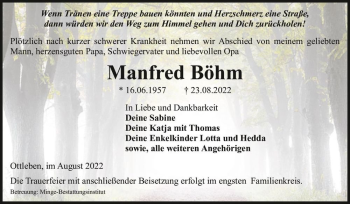 Traueranzeige von Manfred Böhm  von Magdeburger Volksstimme