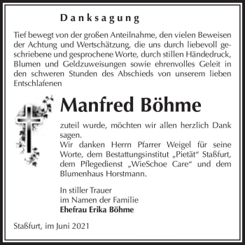 Traueranzeige von Manfred Böhme  von Magdeburger Volksstimme