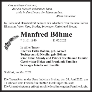 Traueranzeige von Manfred Böhme  von Magdeburger Volksstimme