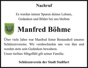 Traueranzeige von Manfred Böhme  von Magdeburger Volksstimme