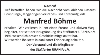 Traueranzeige von Manfred Böhme  von Magdeburger Volksstimme