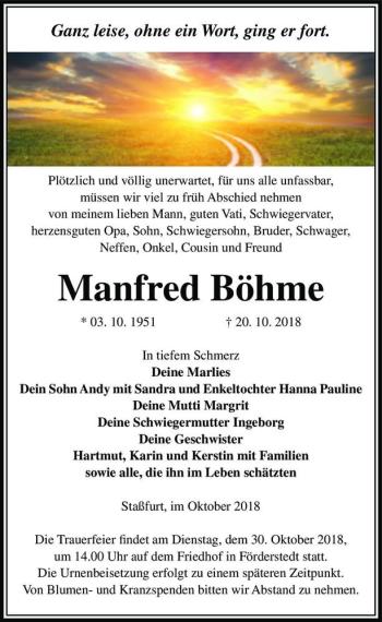 Traueranzeige von Manfred Böhme  von Magdeburger Volksstimme