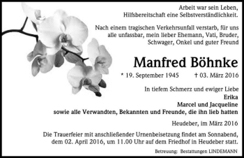 Traueranzeige von Manfred Böhnke  von Magdeburger Volksstimme