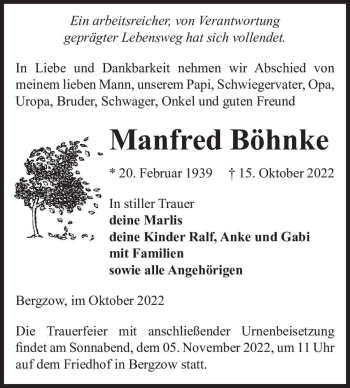 Traueranzeige von Manfred Böhnke  von Magdeburger Volksstimme