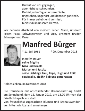 Traueranzeige von Manfred Bürger  von Magdeburger Volksstimme