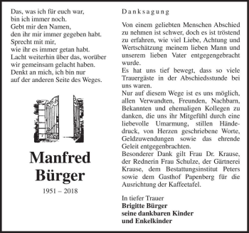 Traueranzeige von Manfred Bürger  von Magdeburger Volksstimme