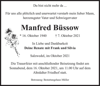 Traueranzeige von Manfred Büssow  von Magdeburger Volksstimme
