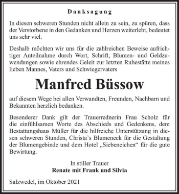 Traueranzeige von Manfred Büssow  von Magdeburger Volksstimme