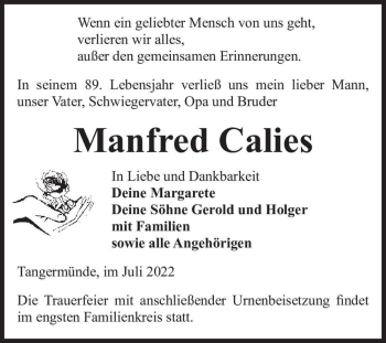 Traueranzeige von Manfred Calies  von Magdeburger Volksstimme