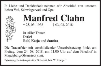 Traueranzeige von Manfred Clahn  von Magdeburger Volksstimme
