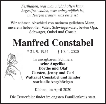 Traueranzeige von Manfred Constabel  von Magdeburger Volksstimme