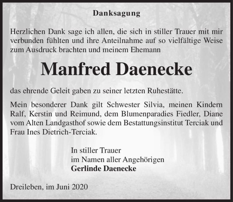  Traueranzeige für Manfred Daenecke  vom 27.06.2020 aus Magdeburger Volksstimme
