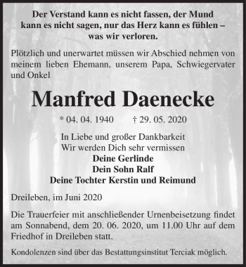Traueranzeige von Manfred Daenecke  von Magdeburger Volksstimme