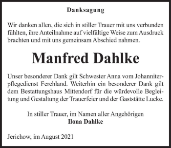 Traueranzeige von Manfred Dahlke  von Magdeburger Volksstimme