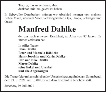 Traueranzeige von Manfred Dahlke  von Magdeburger Volksstimme