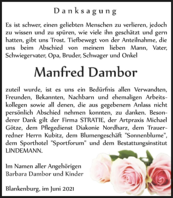 Traueranzeige von Manfred Dambor  von Magdeburger Volksstimme