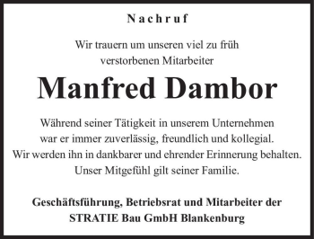 Traueranzeige von Manfred Dambor  von Magdeburger Volksstimme