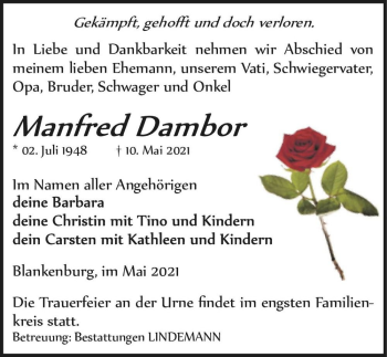 Traueranzeige von Manfred Dambor  von Magdeburger Volksstimme