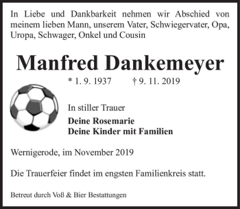 Traueranzeige von Manfred Dankemeyer  von Magdeburger Volksstimme